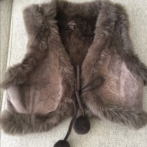 Suede faux fur vest with pompoms